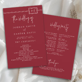 Programa de Boda de Monograma Rojo Moderno de Pres