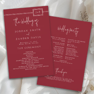 Programa de Boda de Monograma Rojo Moderno de Pres