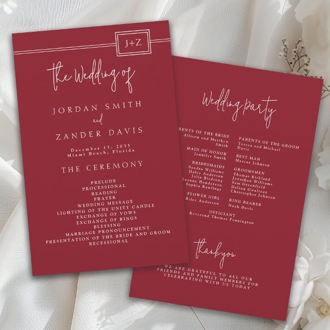 Programa de Boda de Monograma Rojo Moderno de Pres (Subido por el creador)