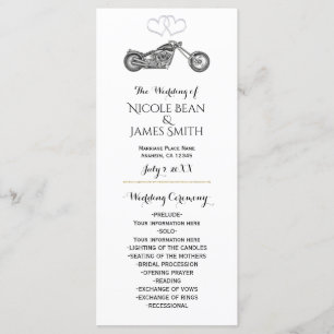 Programa de boda de motocicleta y corazones de pla