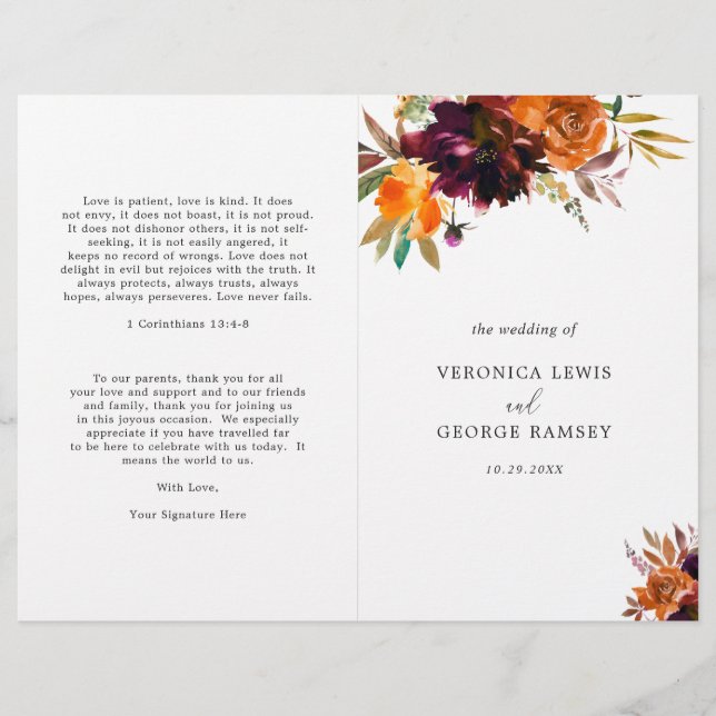 Programa de Boda de Naranja Burgundy Floral Fall (Anverso)