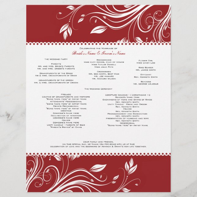 Programa de Boda de Natación Floral Roja y Blanca (Anverso)
