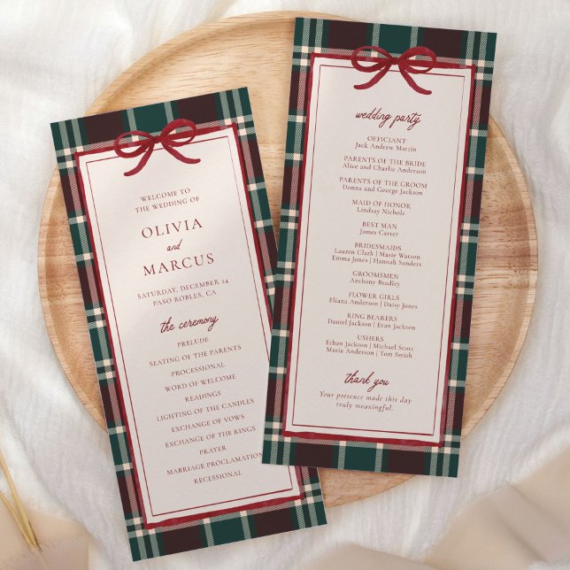 Programa de Boda de Navidad a Cuadros | Tartán de  (Burgundy green plaid Christmas wedding program with red bow—ceremony and wedding party layout)