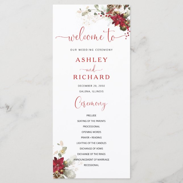 Programa de Boda de Navidad con Flores Rojas (Anverso)