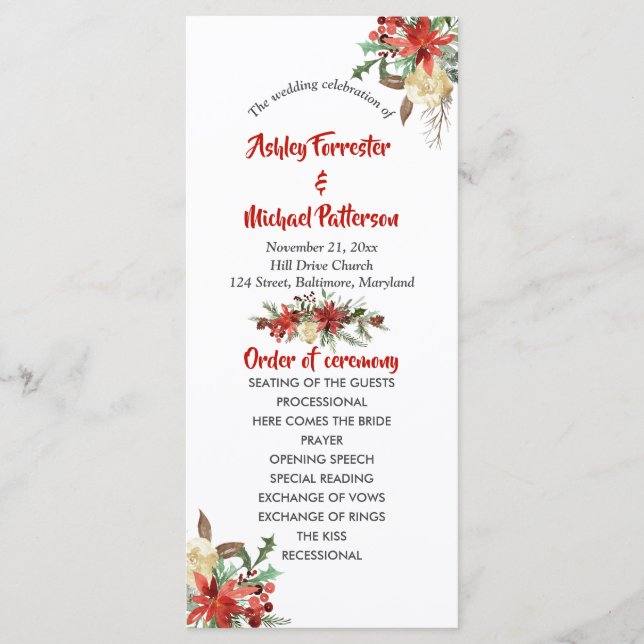 Programa de Boda de Navidad con Poinsettia Roja (Anverso)