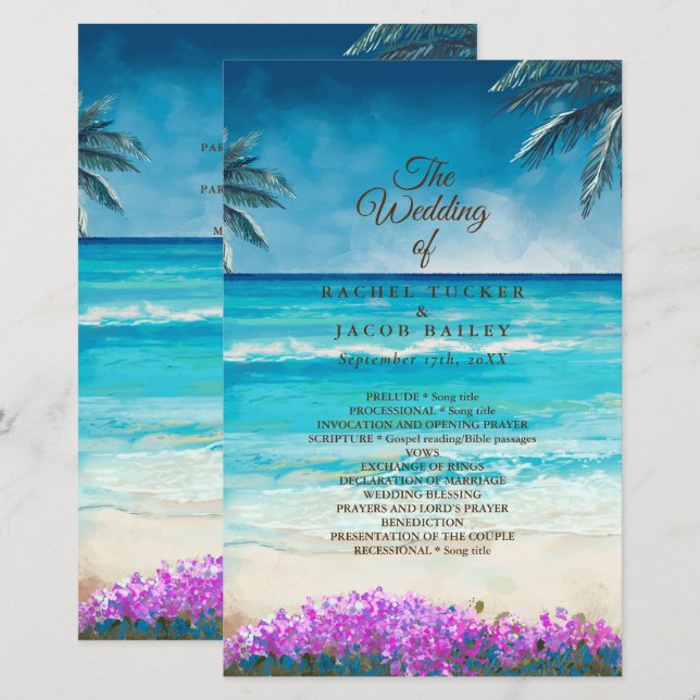 Programa de Boda de Océano Azul Playa Acuarela (Anverso / Reverso)