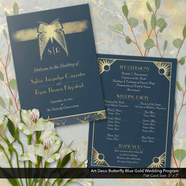 Programa de Boda de Oro Azul de Mariposa Azul Art  (Art Deco Butterfly Navy Blue and Antique Gold Wedding Ceremony Program: 5" x 7" Flat Card)