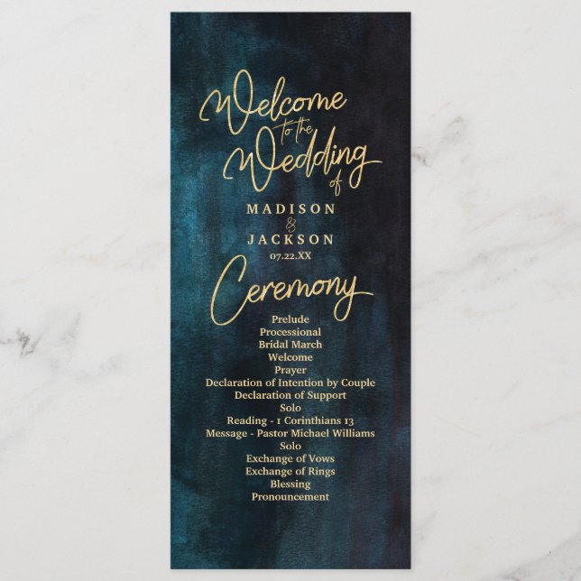 Programa de Boda de Oro Azul y Acuarela Verde azul (Anverso)