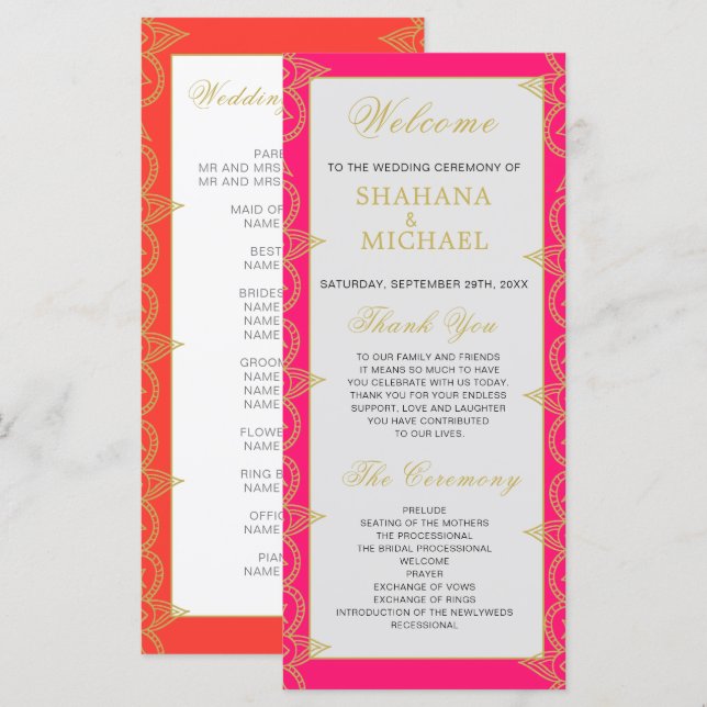 Programa de Boda de Oro de Naranja Rosado de estil (Anverso / Reverso)