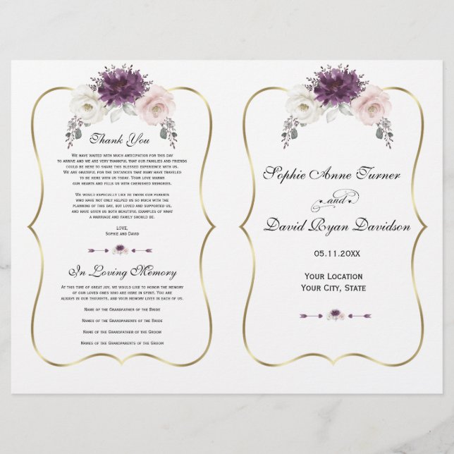 Programa de Boda de Oro Floral Blanca Rosa Lavende (Anverso)