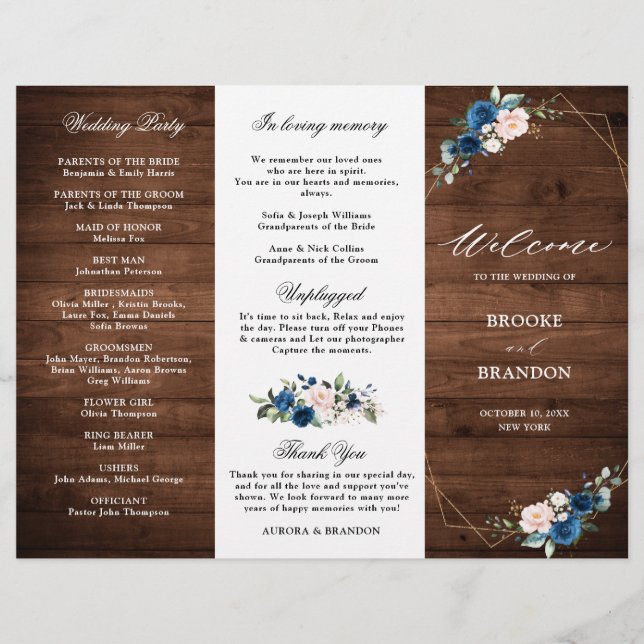 Programa de Boda de Oro Navy Blue Rubor Rustic Woo (Anverso)