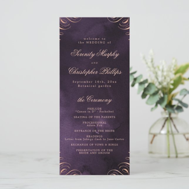 Programa de Boda de Oro rosa morado Moody (Anverso de pie)