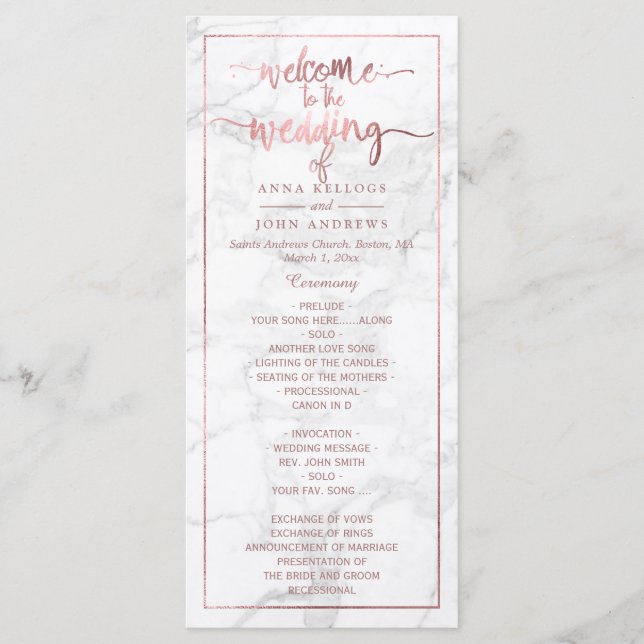 Programa de Boda de Oro Rosa PixDezines Marble+Fau (Anverso)