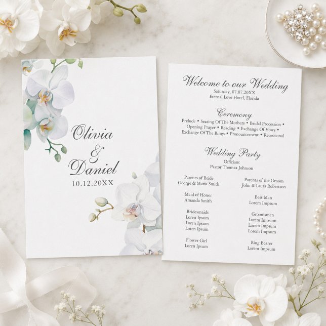 Programa de Boda de Orquídeas Blancas Elegantes Mo (Modern Eleganta White Orchids Wedding Program)