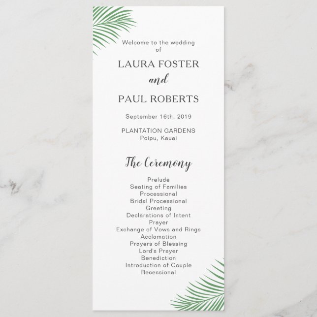 Programa de Boda de Palm Leaf Tropical Suave (Anverso)
