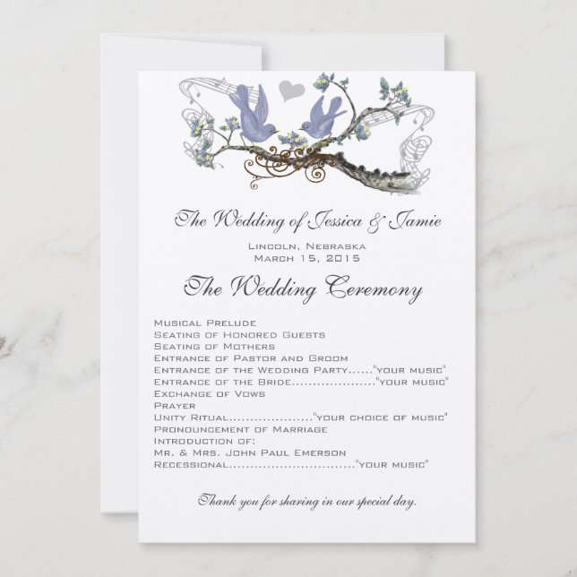 Programa de boda de pareja de pájaros amarillos y  (Anverso)