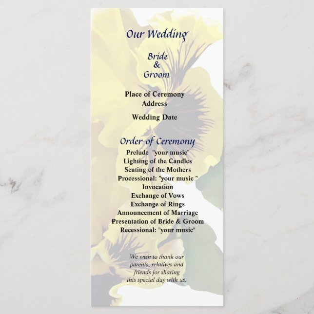 Programa de Boda de Pensamientos Amarillos con Vol (Anverso)