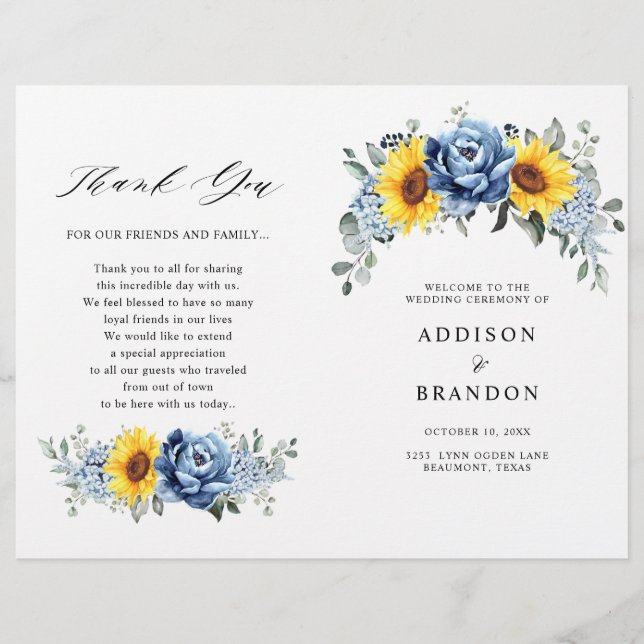 Programa de Boda de Peones de la Slate Azul Dusty  (Anverso)