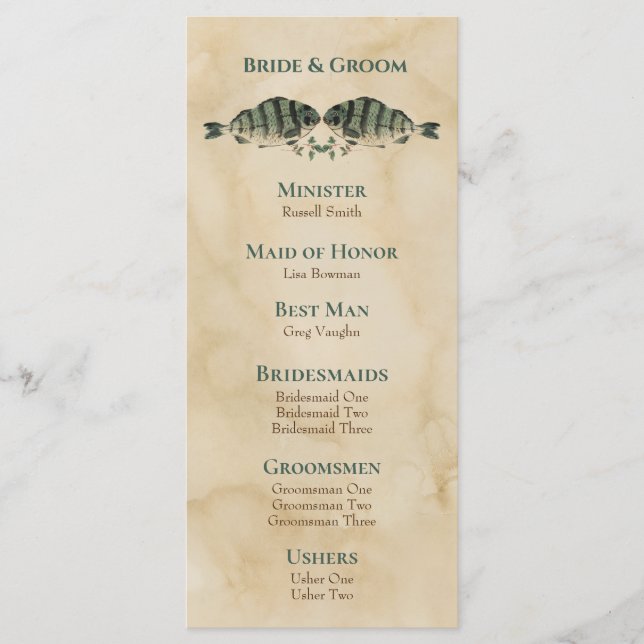 Programa de Boda de Pescado de Acuarela Vintage (Anverso)