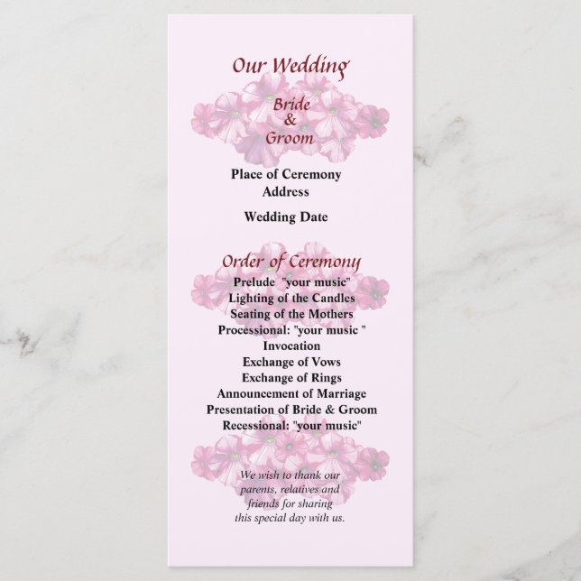 Programa de Boda de Petunias Rosadas (Anverso)