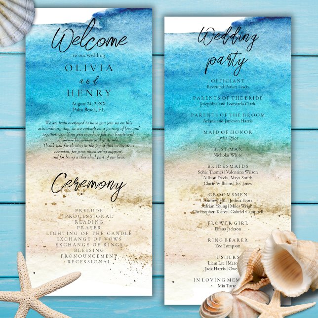 Programa de boda de playa con acuarela azul (Subido por el creador)