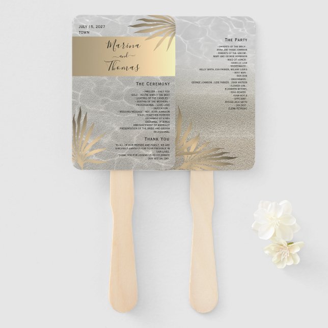 Programa de boda de playa tropical dorado Abanico  (Anverso y reverso)