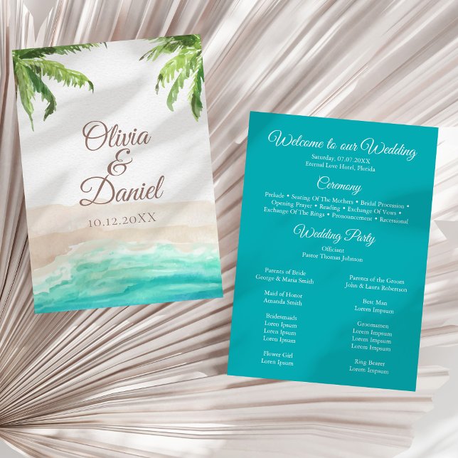 Programa de Boda de Playa Tropical y Palmeras (Tropical Beach and Palm Trees Wedding Program on a sunny white dry palm leaf.)