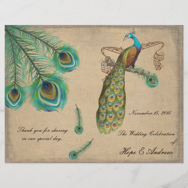 Programa de Boda de Plumas de Pavo Real con Bordes (Anverso)