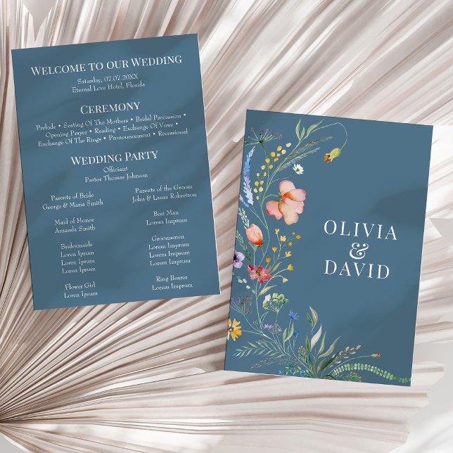Programa de Boda de Pradera de Flores Silvestres A (Dusty Blue Wildflower Meadow Wedding Program on a sunny neutral dry palm leaf.)