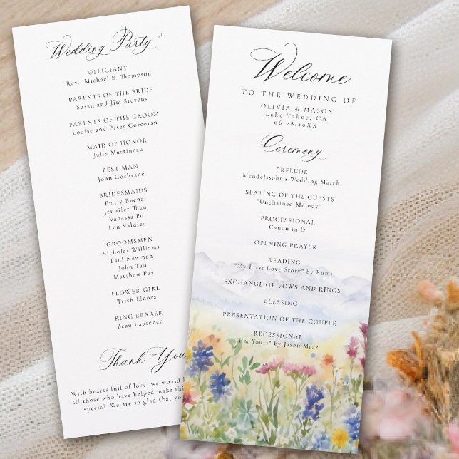 Programa de Boda de Pradera de Flores Silvestres d (mountains wedding program wildflowers meadow floral watercolor modern elegant rustic romantic)