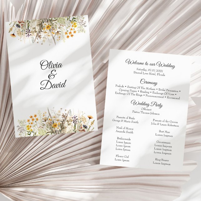 Programa de Boda de Pradera de Flores Silvestres T (Peach Terracotta Wildflower Meadow Wedding Program on a sunny wihte dry palm leaf.)