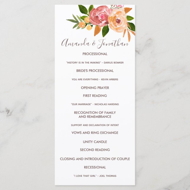 Programa de boda de primavera con flores de acuare (Anverso)