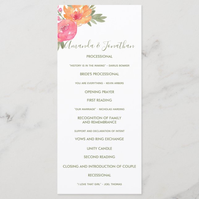 Programa de boda de primavera con flores de acuare (Anverso)