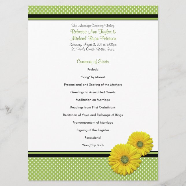 Programa de Boda de Punto de Gerbera Amarilla Dais (Anverso)