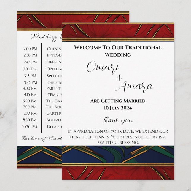 Programa de Boda de Recepción Afrocentrico Detalla (Anverso / Reverso)