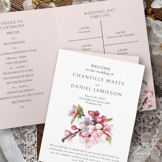 Programa de Boda de Rosa y Blanco de Flor de Cerez (Folded Wedding Program Card from the Cherry Blossom Wedding Collection by Darling & May)