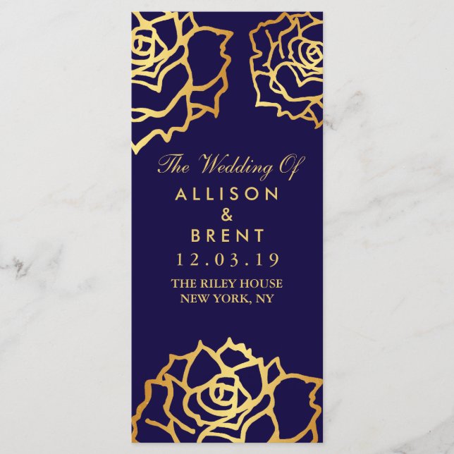 Programa de Boda de Rosas Dorados - Azul (Anverso)