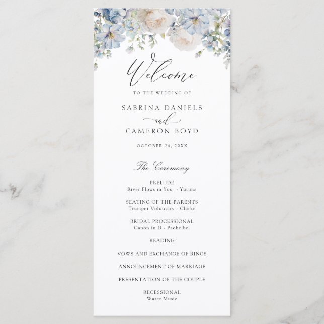Programa de Boda de Rosas Floral Dusty Blue Elegan (Anverso)
