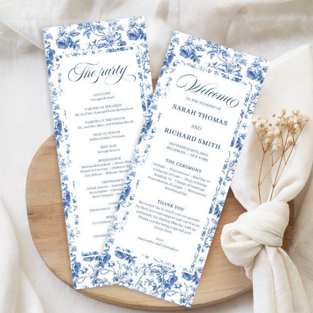 Programa de Boda de Rosas Navy Atemporales Floral  (Timeless Navy Roses Floral Toile Wedding Program)