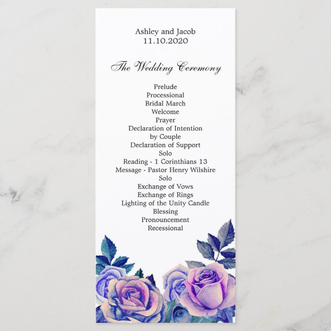 Programa de boda de rosas púrpuras. Ceremonia flor (Anverso)