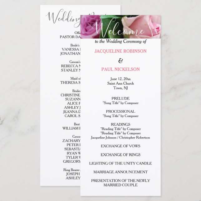 Programa de Boda de Rosas Rosadas (Anverso / Reverso)
