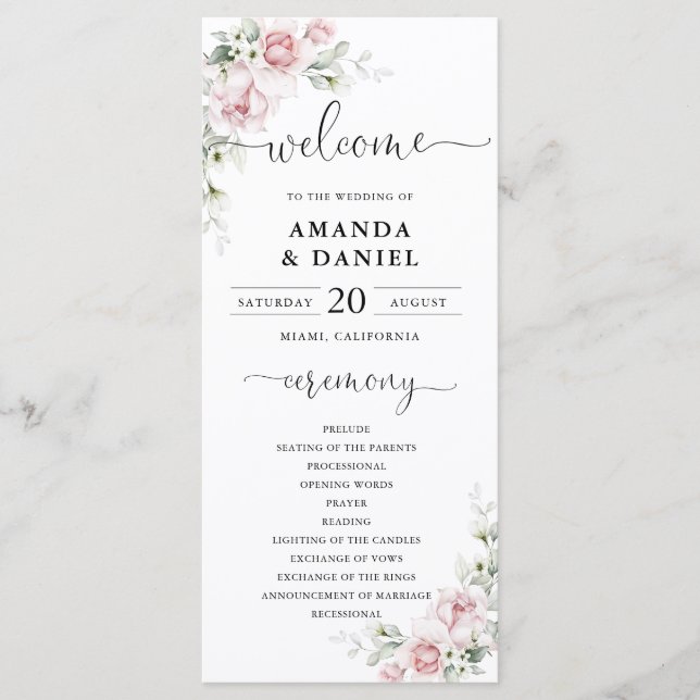 Programa de Boda de Rosas Rosadas Rubor (Anverso)