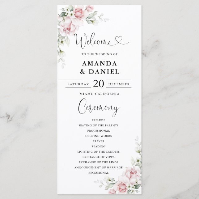 Programa de Boda de Rosas Rosadas Rubor (Anverso)