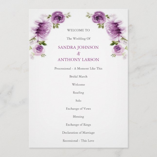 Programa de Boda de Rosas y Peonías Fucsia (Anverso)