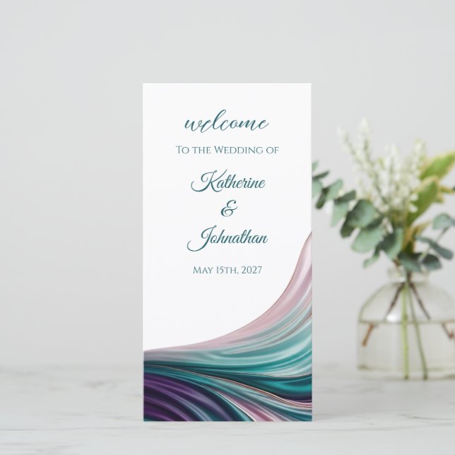 Programa de Boda de Seda Verde Azul y Rubor (Anverso de pie)
