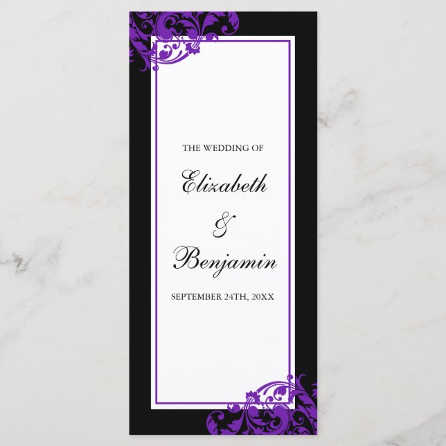 Programa de Boda de Swirls Flourish Black and Purp (Anverso)