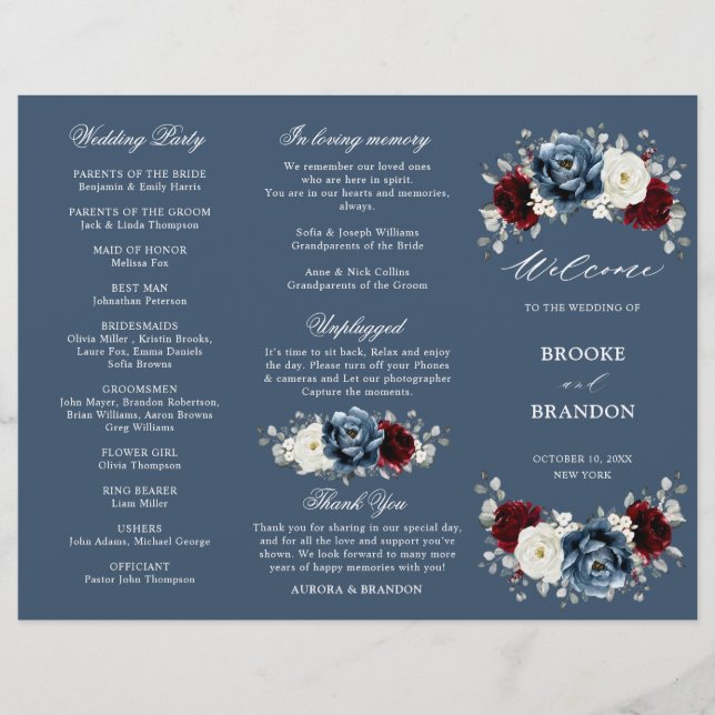 Programa de boda de tres partes azul pizarra borgo (Anverso)