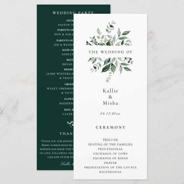 Programa de Boda de Vegetación Botánica Natural (Anverso / Reverso)