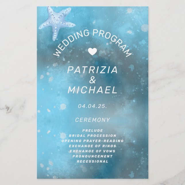Programa de Boda de Verano del Mar Azul Moderno (Frente)
