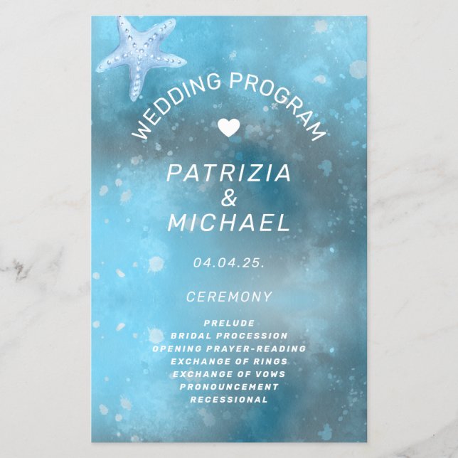 Programa de Boda de Verano del Mar Azul Moderno (Frente)